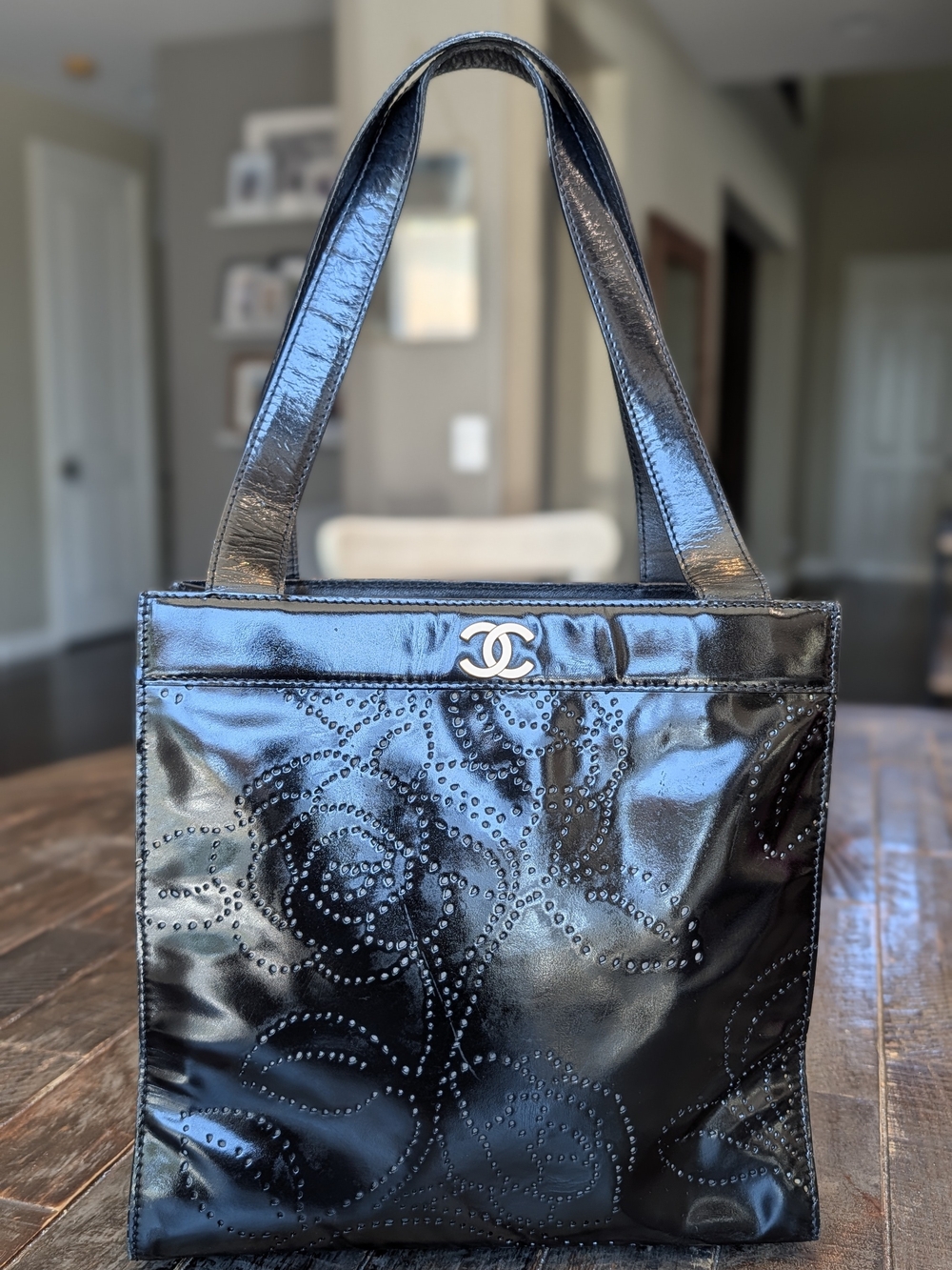 Chanel Vintage Patent Leather Camellia Tote